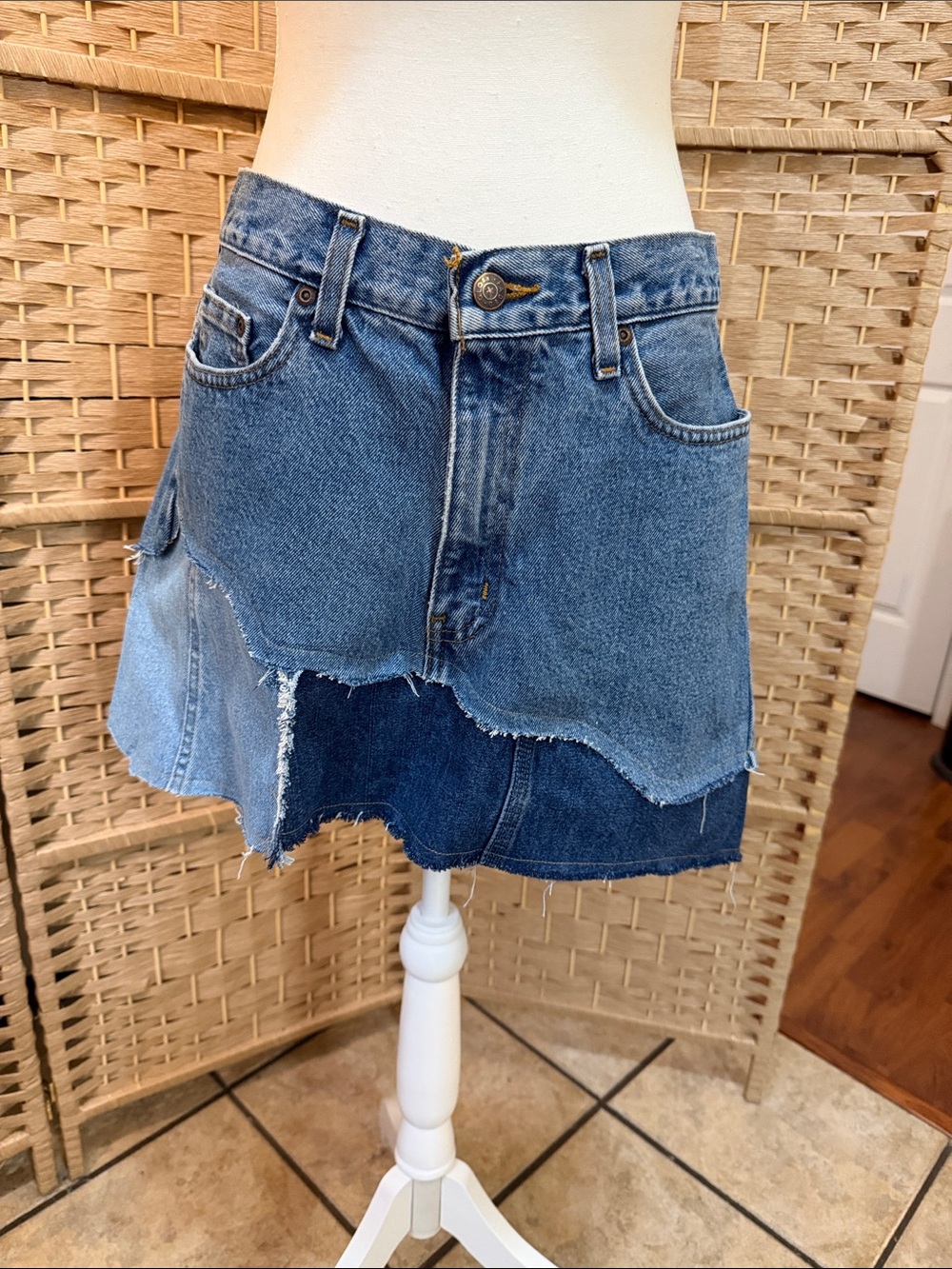 Hand Crafted Two-Tone Blue Layered Denim Mini Skirt